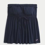 Strapless Tie Waist Babydoll Top - navy blue
