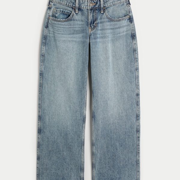 Low-Rise Medium Wash Embroidered Fruit Baggy Jeans - medium