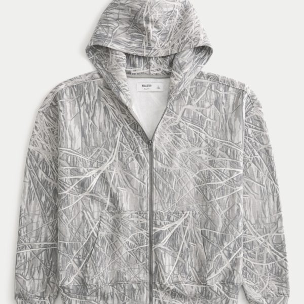 Boxy Zip-Up Hoodie - cream camo