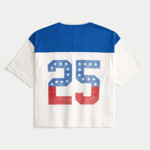 Boxy Crop Fairview Football Graphic Jersey - blue and cream