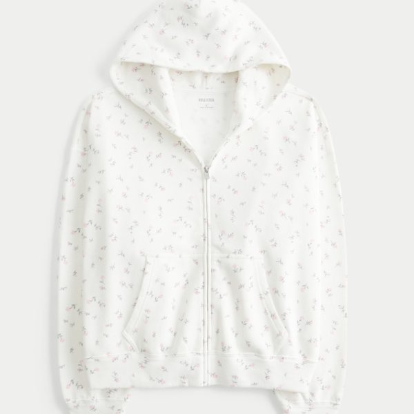 Oversized Zip-Up Hoodie - cloud white floral