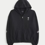 Oversized Graphic Zip-Up Hoodie - black