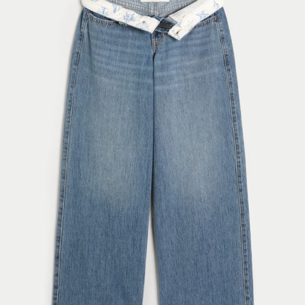 Low-Rise Light Wash Foldover Waist Super Baggy Jeans - medium