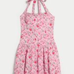 Drop Waist Halter Mini Dress - light pink floral