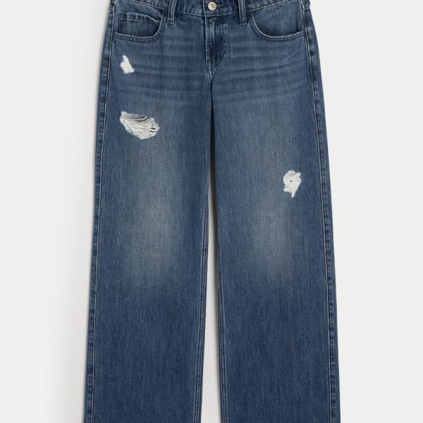 Low-Rise Medium Wash Embroidered Fruit Baggy Jeans - dark ripped