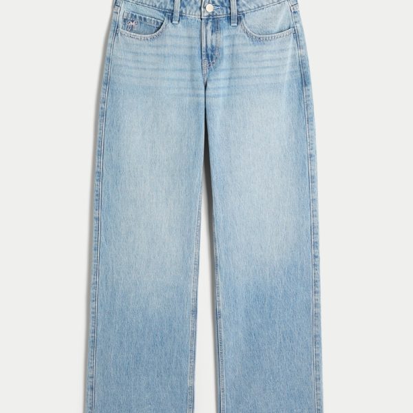 Low-Rise Medium Wash Embroidered Fruit Baggy Jeans - medium