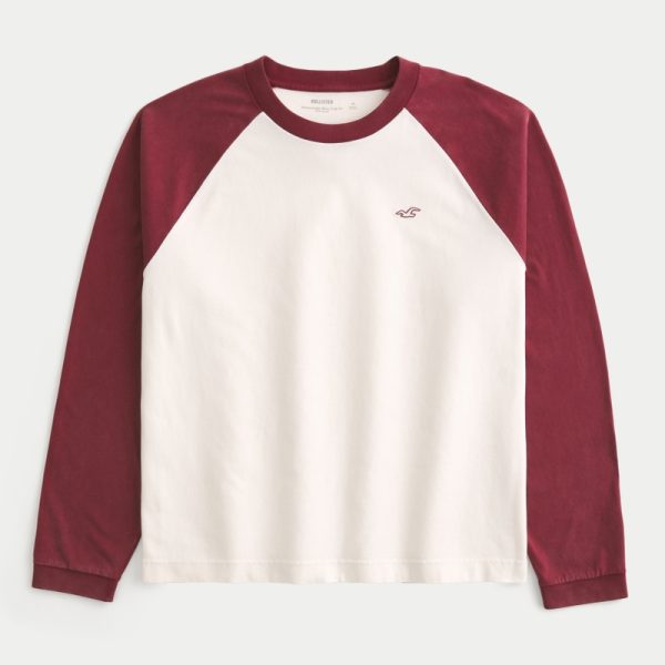 Boxy Crop Long-Sleeve Icon Crew T-Shirt - burgundy and dark cream