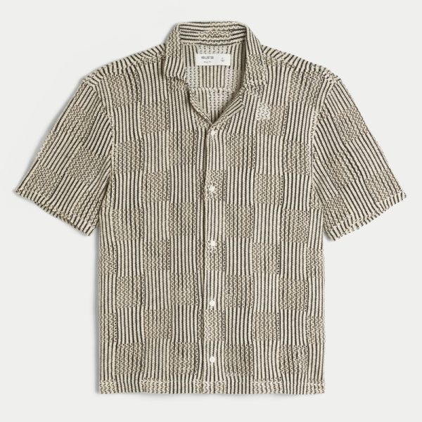 Boxy Short-Sleeve Crochet-Style Shirt - black and cream check