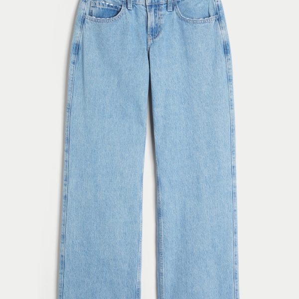 Low-Rise Medium Wash Embroidered Fruit Baggy Jeans - medium blue floral