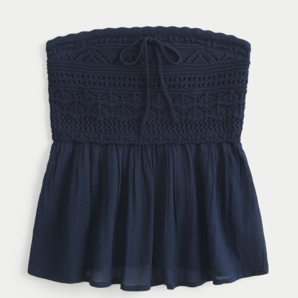 Easy Strapless Crochet Mix Babydoll Top - navy blue