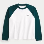 Boxy Crop Heavyweight Long-Sleeve Logo Crew T-Shirt - dark green and white