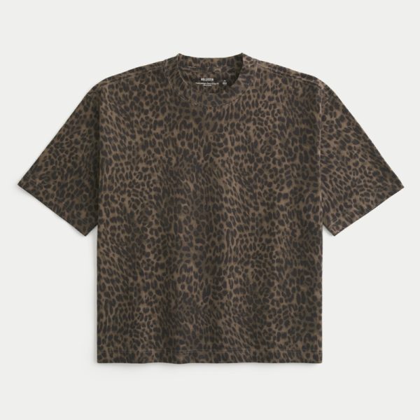 Boxy Heavyweight Crop Washed Crew T-Shirt - dark brown print