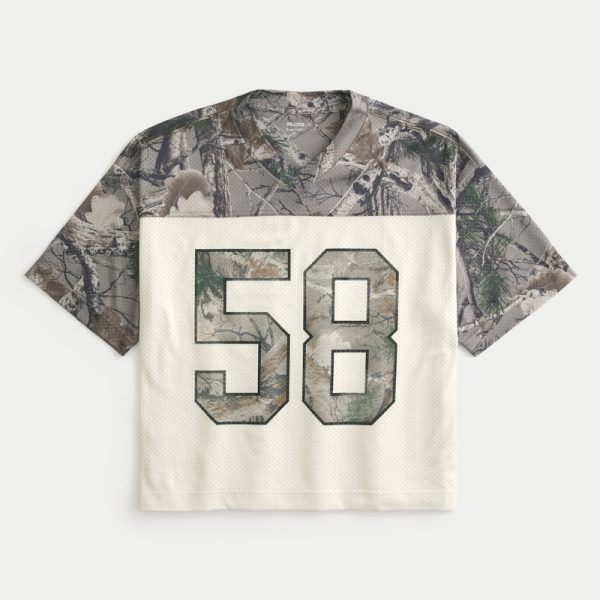 Boxy Crop Fairview Football Graphic Jersey - tan camo and cream