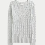 Cable-Knit Icon V-Neck Sweater - light heather grey