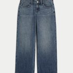 Low-Rise Medium Wash Embroidered Fruit Baggy Jeans - dark