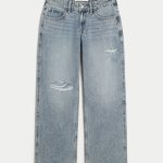 Low-Rise Medium Wash Embroidered Fruit Baggy Jeans - light ripped