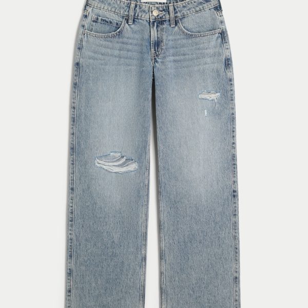 Low-Rise Medium Wash Embroidered Fruit Baggy Jeans - light ripped