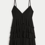 V-Neck Ruffled Tier Babydoll Mini Dress - black