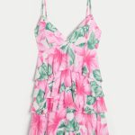 V-Neck Ruffled Tier Babydoll Mini Dress - pink floral