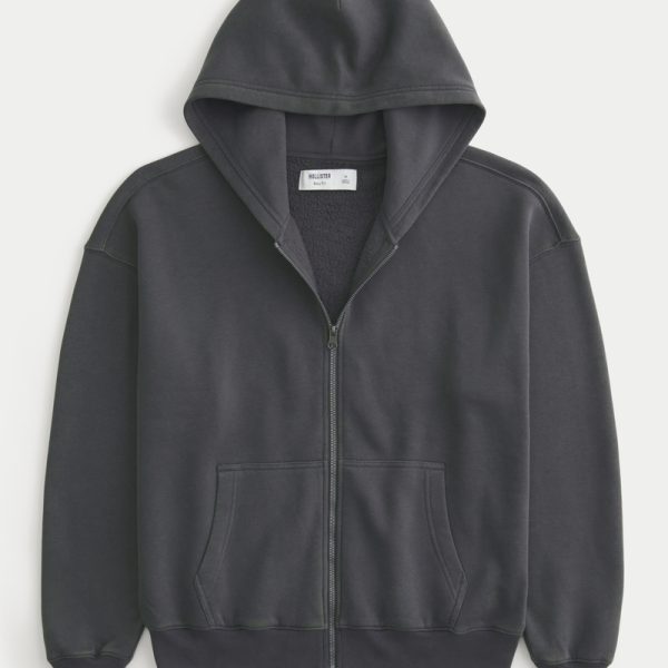 Boxy Zip-Up Hoodie - charcoal gray