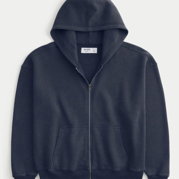 Boxy Zip-Up Hoodie - washed navy
