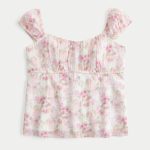 Ruched Babydoll Top - white floral