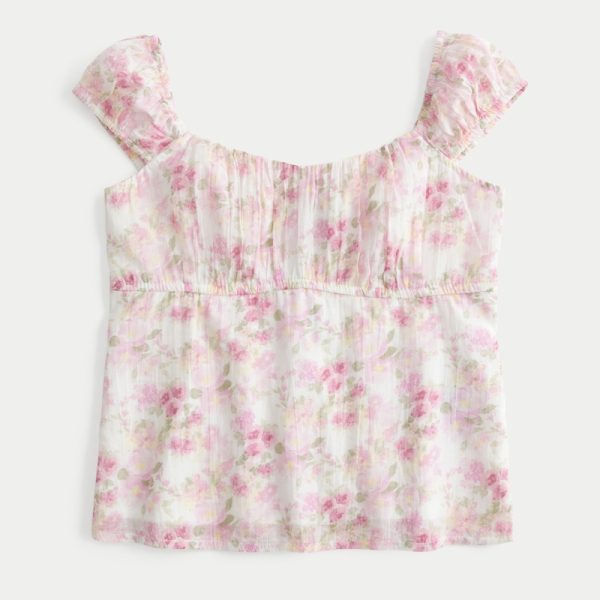 Ruched Babydoll Top - white floral