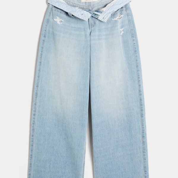 Low-Rise Light Wash Foldover Waist Super Baggy Jeans - light ripped