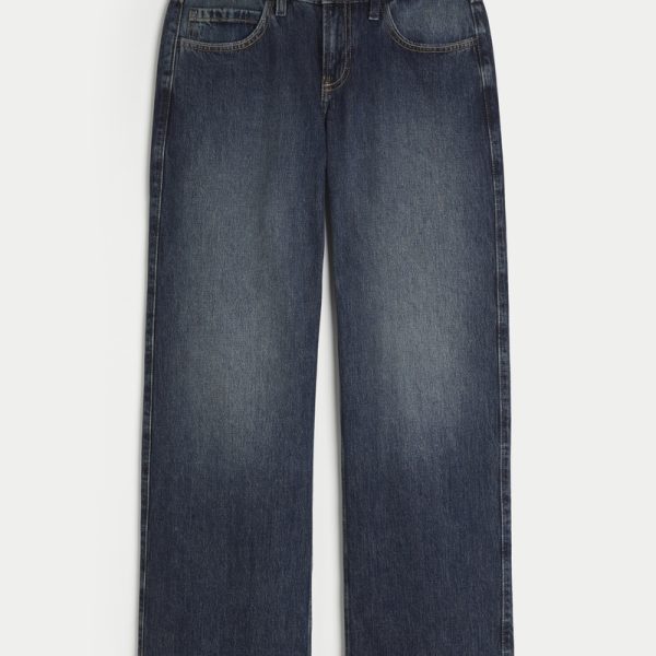 Low-Rise Medium Wash Embroidered Fruit Baggy Jeans - dark tint