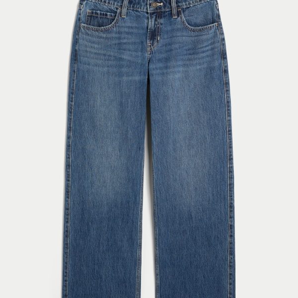 Low-Rise Medium Wash Embroidered Fruit Baggy Jeans - medium wash