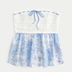 Easy Strapless Crochet Mix Babydoll Top - dusk blue