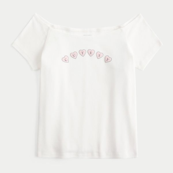 Off-the-Shoulder Cutesy Graphic Tee - cloud white