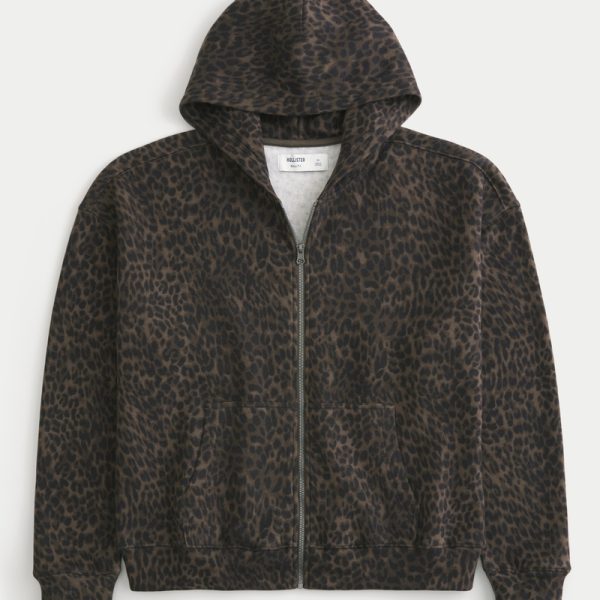 Boxy Zip-Up Hoodie - dark brown print