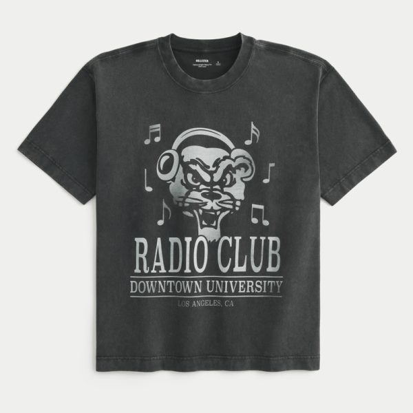 Boxy Heavyweight Radio Club Graphic Tee - faded black