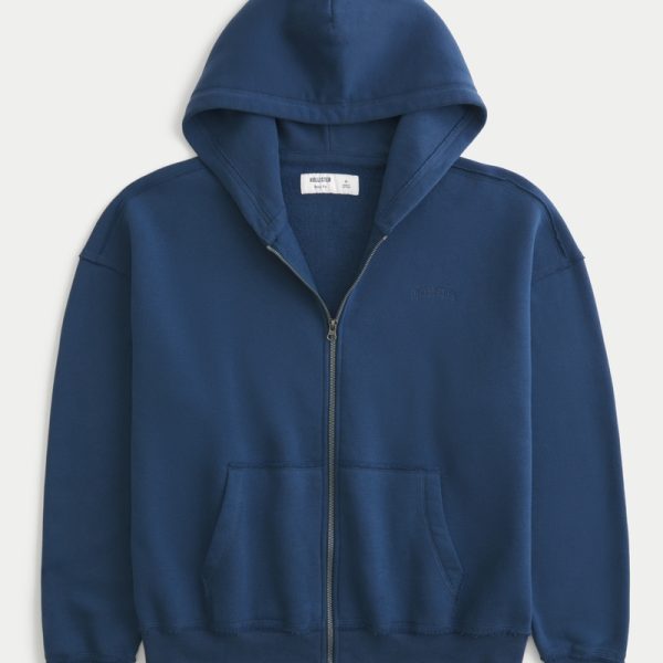 Boxy Zip-Up Hoodie - navy