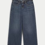 Low-Rise Light Wash Foldover Waist Super Baggy Jeans - dark wash