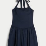 Drop Waist Halter Mini Dress - navy blue
