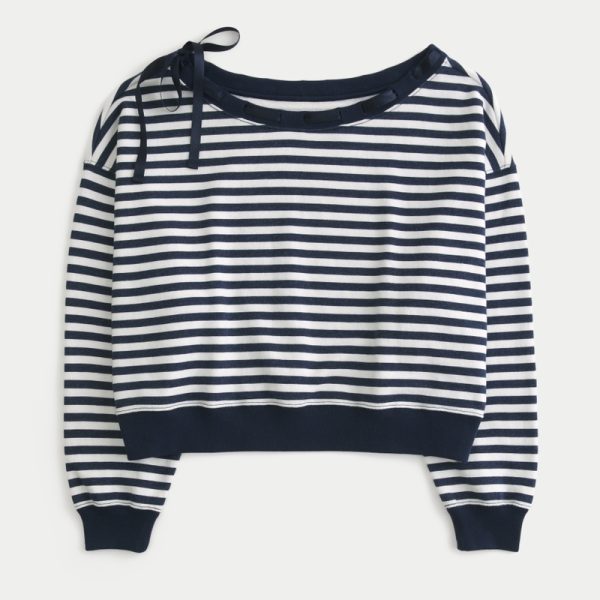 Off-the-Shoulder Tie Sweatshirt - navy blue stripe