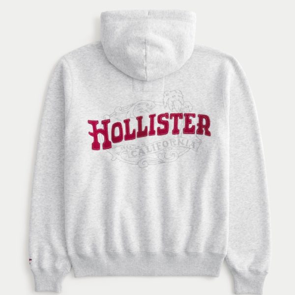 Waffle-Lined Logo Graphic Zip-Up Hoodie - light heather gray