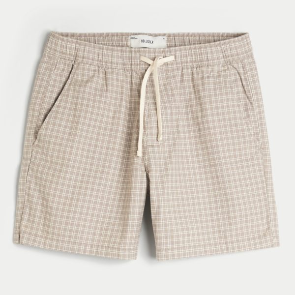 Mid-Thigh Linen-Blend Pull-On Shorts - tan check