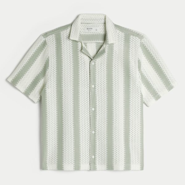 Boxy Short-Sleeve Crochet-Style Shirt - cream and sage stripe