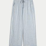 Pull-On Slub Pants - navy blue plaid