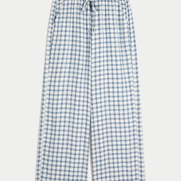 Pull-On Slub Pants - navy blue plaid
