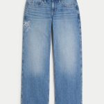 Low-Rise Medium Wash Embroidered Fruit Baggy Jeans - medium wash