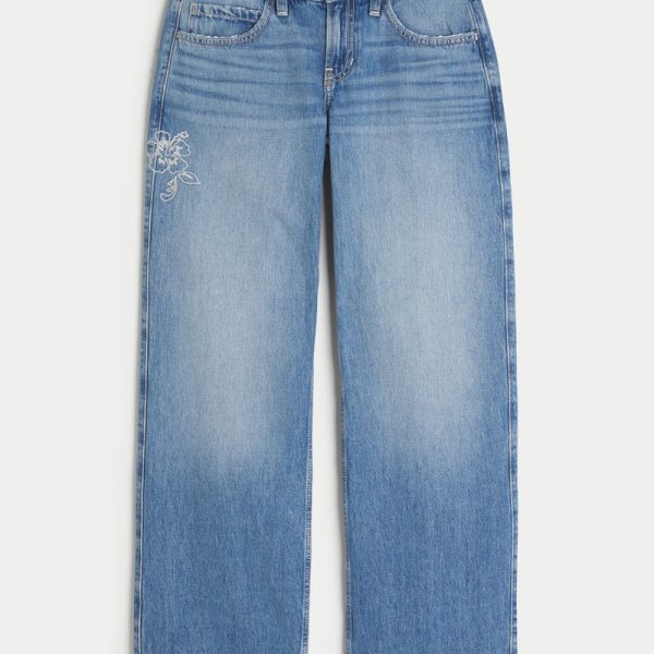 Low-Rise Medium Wash Embroidered Fruit Baggy Jeans - medium wash