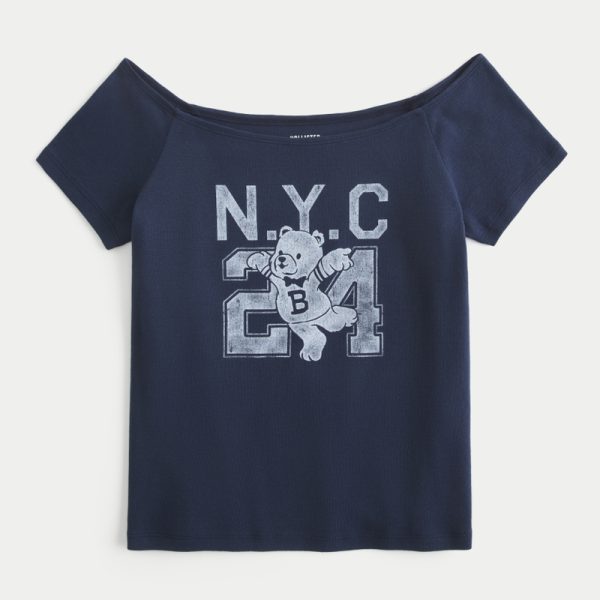 Off-the-Shoulder Cutesy Graphic Tee - navy blue