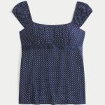 Easy Satin Tie Babydoll Top - navy blue dot