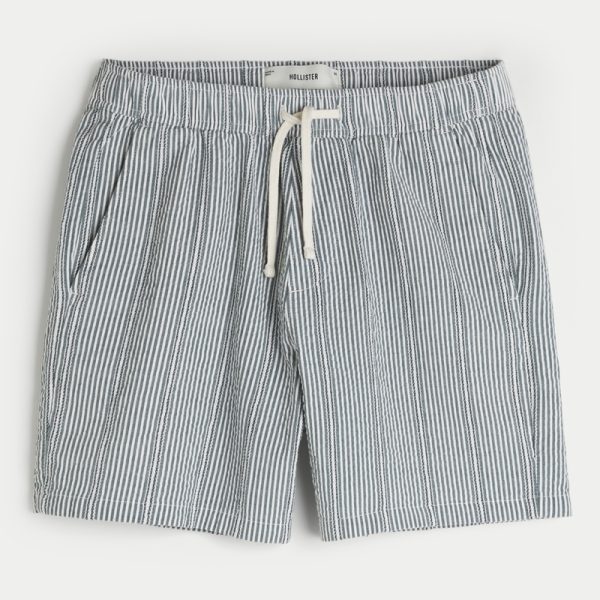 Mid-Thigh Linen-Blend Pull-On Shorts - dark teal stripe