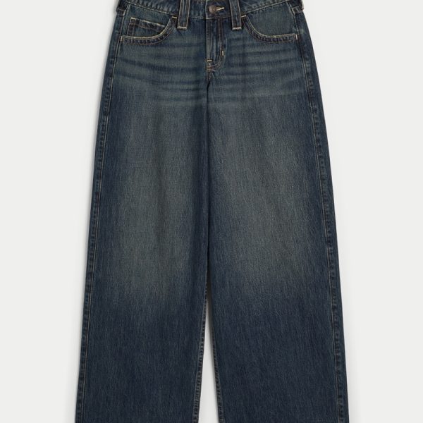 Low-Rise Light Wash Foldover Waist Super Baggy Jeans - dark