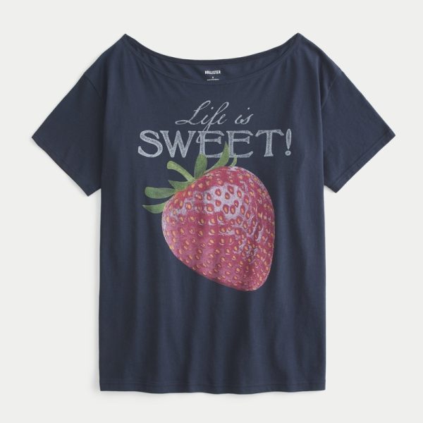 Oversized Off-the-Shoulder Farmers Market Graphic Tee - navy blue